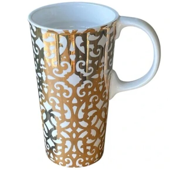 CYPRESS HOMES 17oz gold foil lace design travel mug handle celestial holiday EUC - Picture 6 of 14